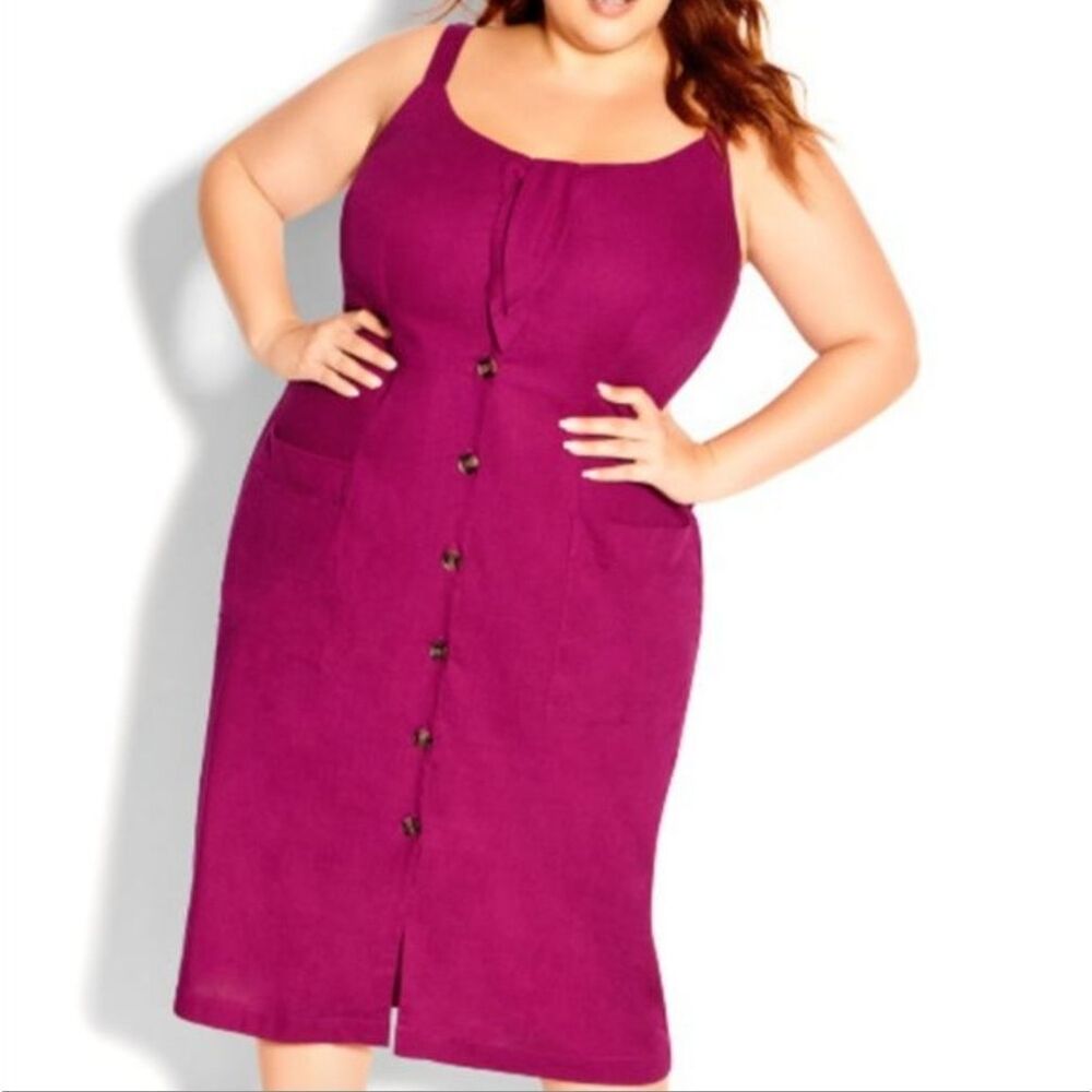 🐢 CITY CHIC Festive Tie Dress Sangria Pink Button Up Front Size L/20